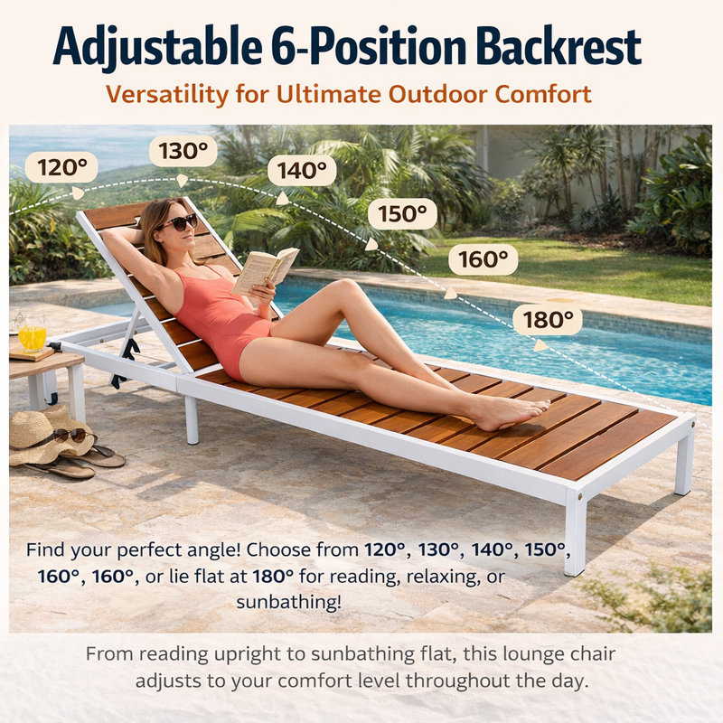 Outdoor Chaise With 6-Gear Adjustable Backrest, White/Brown