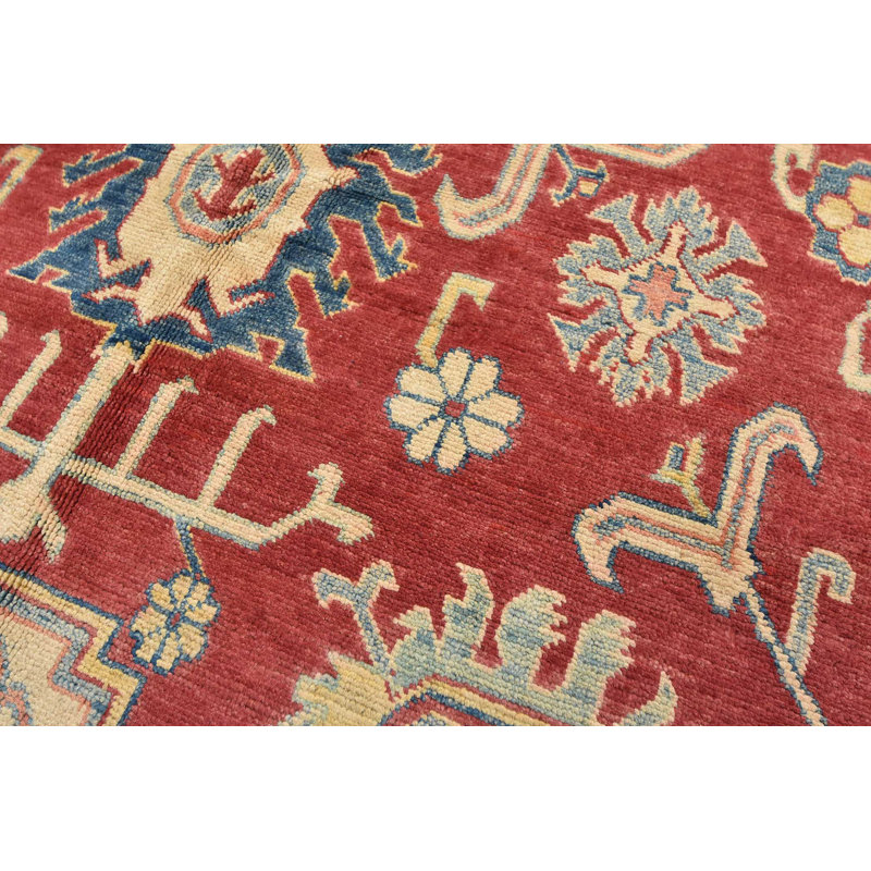 Tapis rouge en laine noué à la main de conception unique 6 pi 2 po x 8 pi 7 po Gabbriella