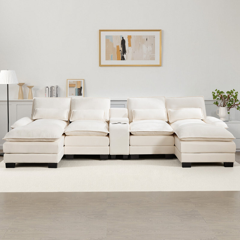 Canapé modulaire en forme de U de 126 po avec console et porte-gobelets et ports USB, Beige