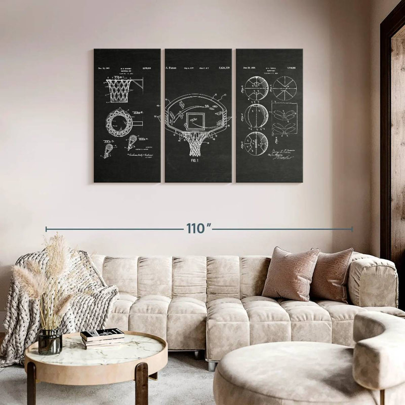 Ensemble de 3 pièces de basketball sur toile, H 48 po x l 74 po x P 1,25 po