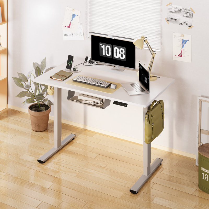 Adjustable Standing Desk, Whole-Piece Desktop, 48" W x 30" D, White/Gray