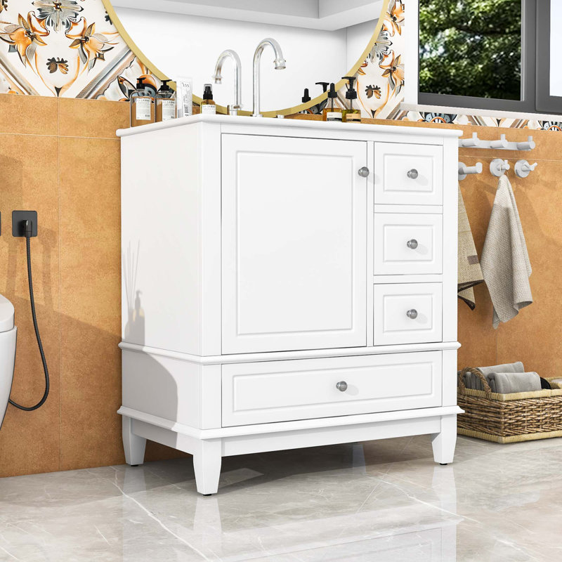 Meuble-lavabo simple autoportant élégant avec lavabo en céramique, porte à fermeture en douceur et grand espace de rangement