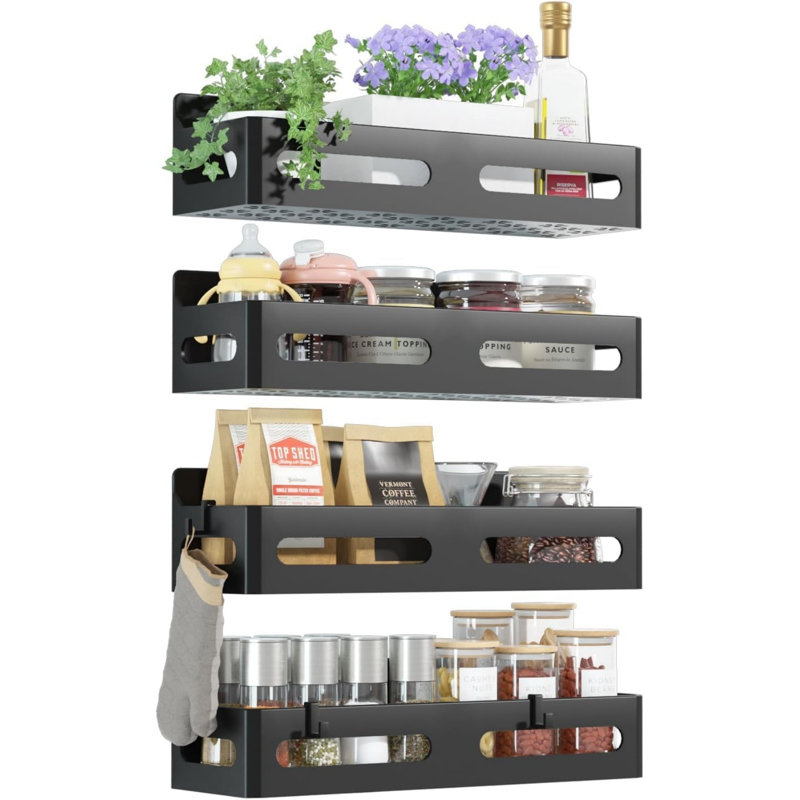Lot de 4 tablettes magnétiques à épices pour réfrigérateur avec crochets, étagère magnétique robuste et multifonctionnelle, comprend 4 crochets amovibles, noir