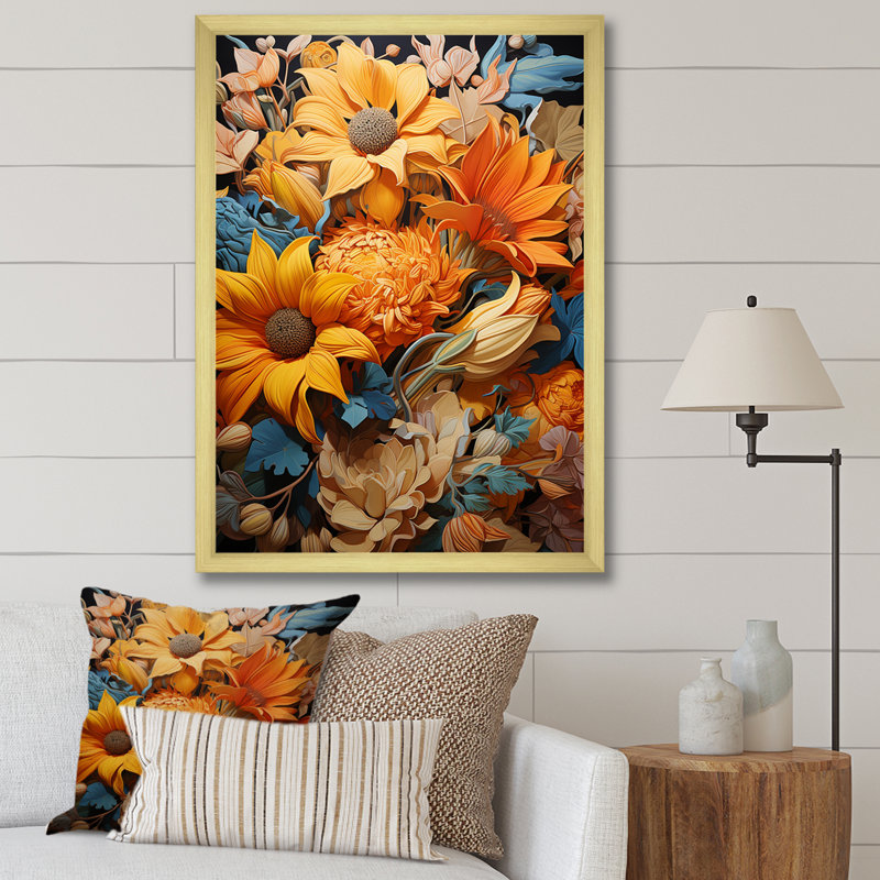 Fleurs jaunes et bleues - art mural fleurs, Cadre doré simple, H 20 po x l 12 po x P 1 po