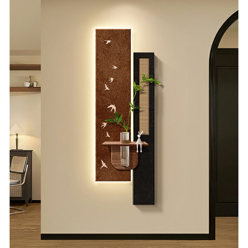 Décoration murale verticale à DEL avec de la verdure artificielle et du rotin, H 39,37 po x l 12,99 po x P 1,97 po