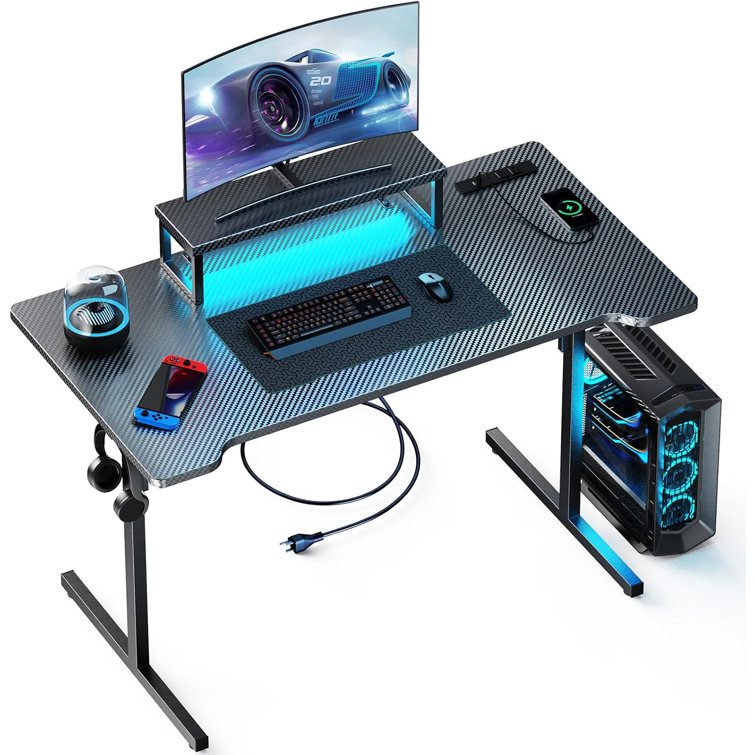 Small Gaming Desk with LED Lights & Power Outlets, 39 Inch Computer Desk with Monitor Stand, PC Gaming Table with Carbon Fibre, Black