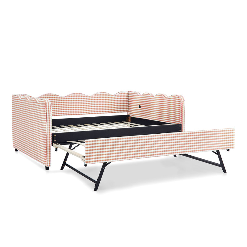Lit de jour en vichy douillet avec couchette, sans sommier, port USB et conception adorable en forme de vague, tissu en lin