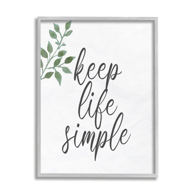 «Keep Life Simple Botanical Sprig Script Calligraphy» par Kim Allen - cadre texturé sur bois