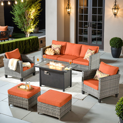 Allcot 5 - Person Wicker/Rattan Patio Furniture Set, Outdoor Fire Pit Sofa Set with Throw Pillows and Comfy Cushions
