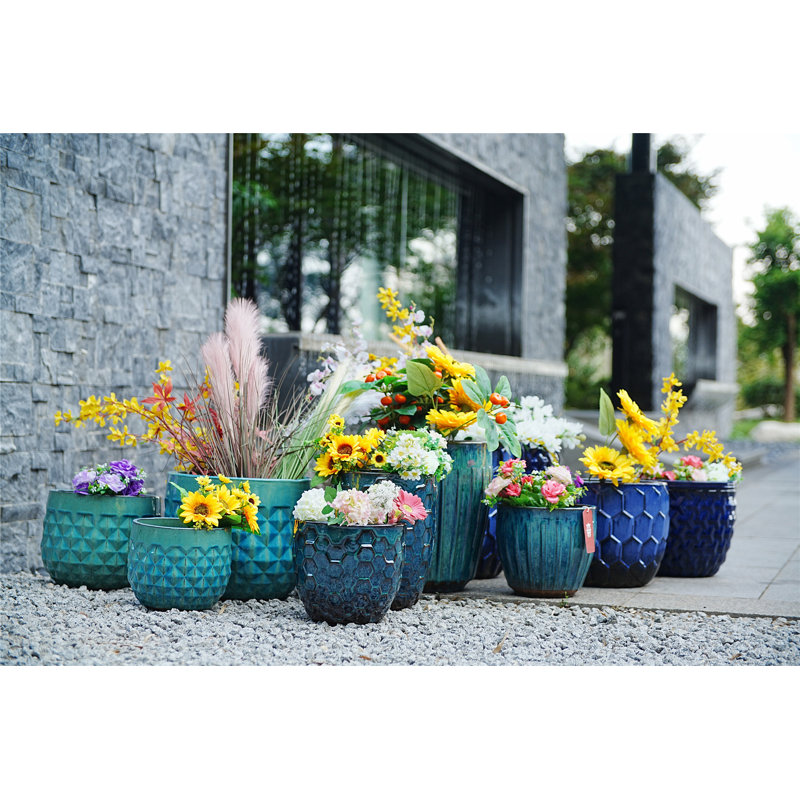 Ensemble de 3 pots de fleurs en céramique diamantés, jardinières modernes pour patio, jardin et rebord de fenêtre - finition brillante bleue