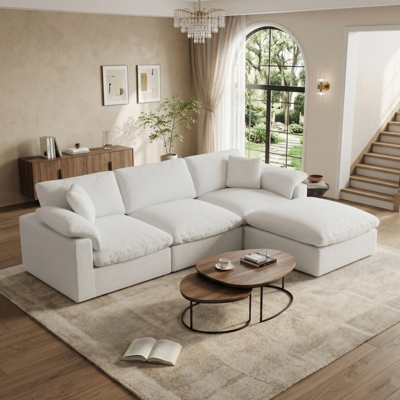Canapé modulaire rembourré en U avec repose-pieds pour salon, chambre à coucher, Blanc, 4