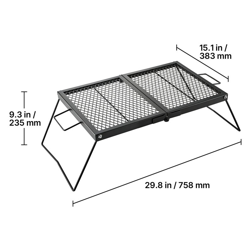 Gril de feu de camp pliant robuste, grille de camping portable de 24 po, filet en acier robuste, foyer compact pour équipement avec pattes et poignée, grille de cuisson pour la cuisson à flamme nue à l'extérieur, noir