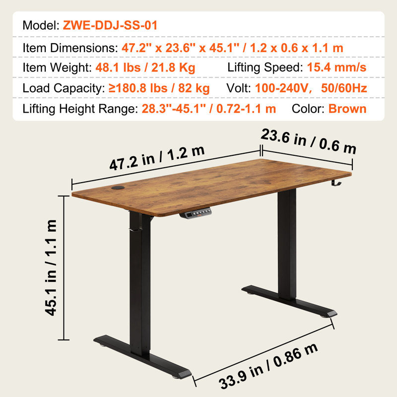 Lamin Adjustable Metal Base Standing Desk, 45.1" H x 47.2" W x 23.6" D