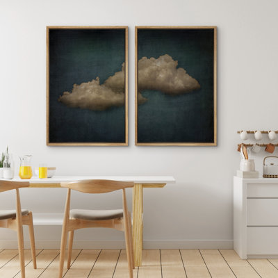 "Pastel Green Tune", bleu marine, ciel abstrait, nuages, détente, minimaliste, décoration murale, 2 pièces