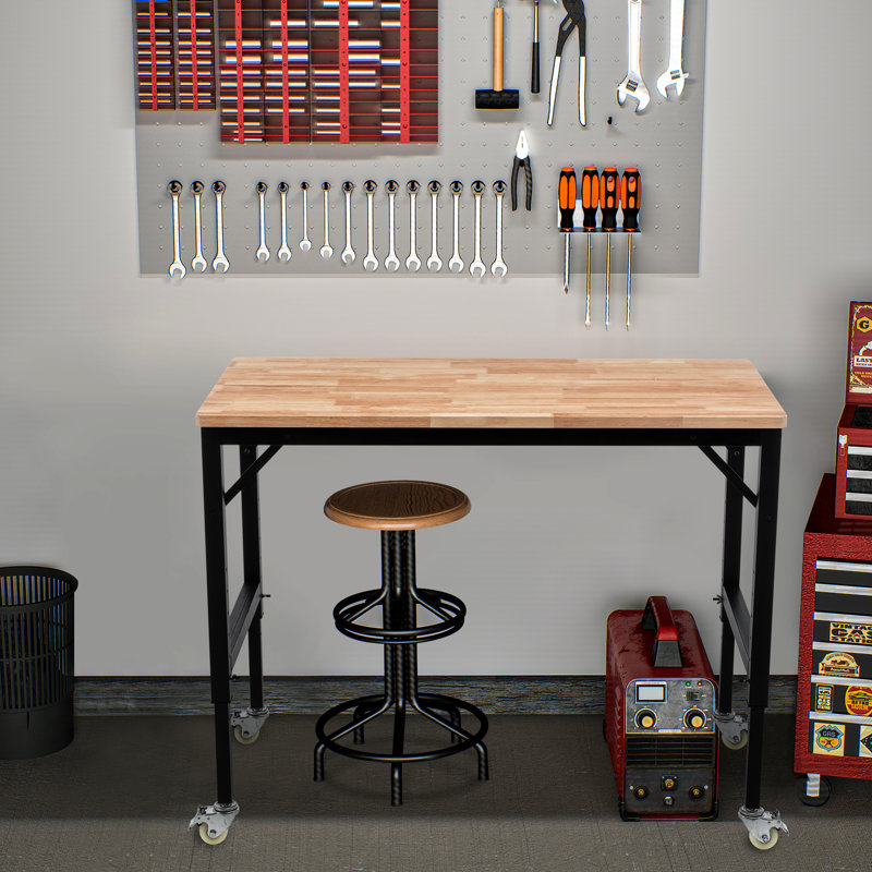 48" Adjustable Workbench, Garage Mobility Feature, Rubber Wood Tabletop, Metal Wheels, 2000 Lbs Capacity, Ergonomic Extraordinary Workbench For Garage, Surface, Choice