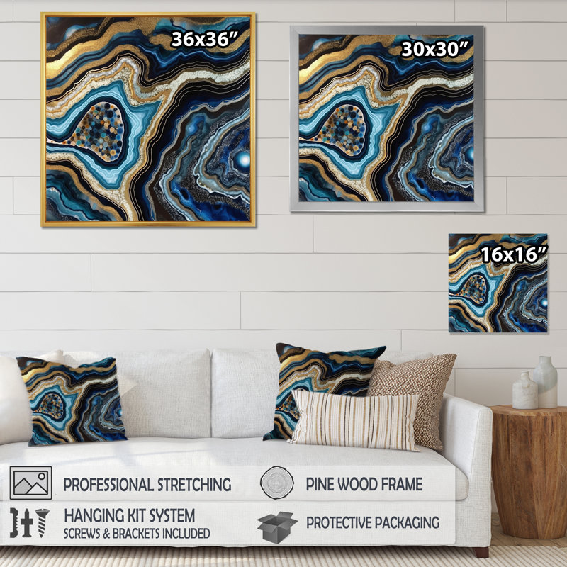 «Gold Blue Geode Gems - Stone Geode», reproduction sur toile encadrée, 36" H x 36" W, Cadre flottant doré