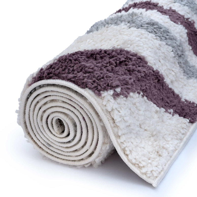 Moodi Modern Shaggy Area Rug Abstract Wavy Line Design, Off-White Grey/Purple, Rectangle 80 x 150 cm