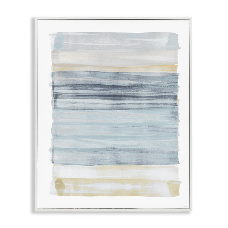 «Tranquil Blue Beige Stripes», peinture décontractée encadrée blanche, art texturé par Dan Meneely, L 16 po x H 20 po, Blanc