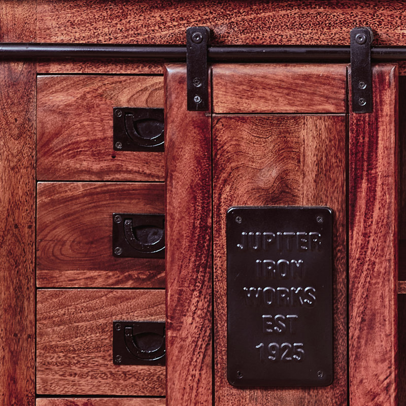 Solid Mango Wood Industrial Sideboard Cabinet – Fully Assembled Rustic Storage Unit With Sliding Barn Door, Drawers & Shelving – Wooden Buffet Console For Dining Room, Living Room & Hallway – No Veneer