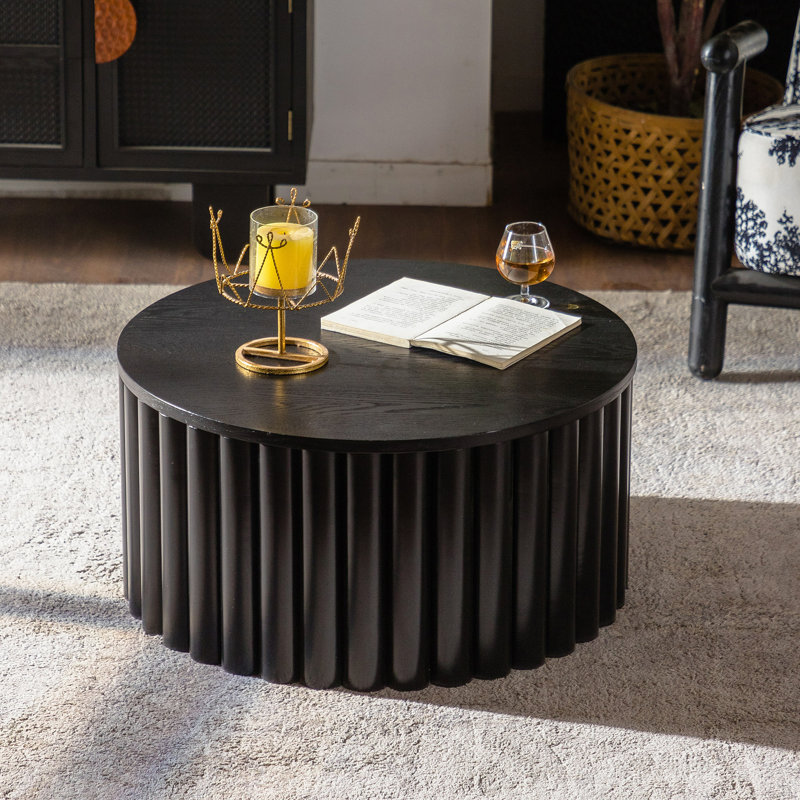 Round Coffee Table With Lift Handcrafted Relief Sturdy Pedestal Wooden Tea Table For Living Room No Need To Assemble, Black