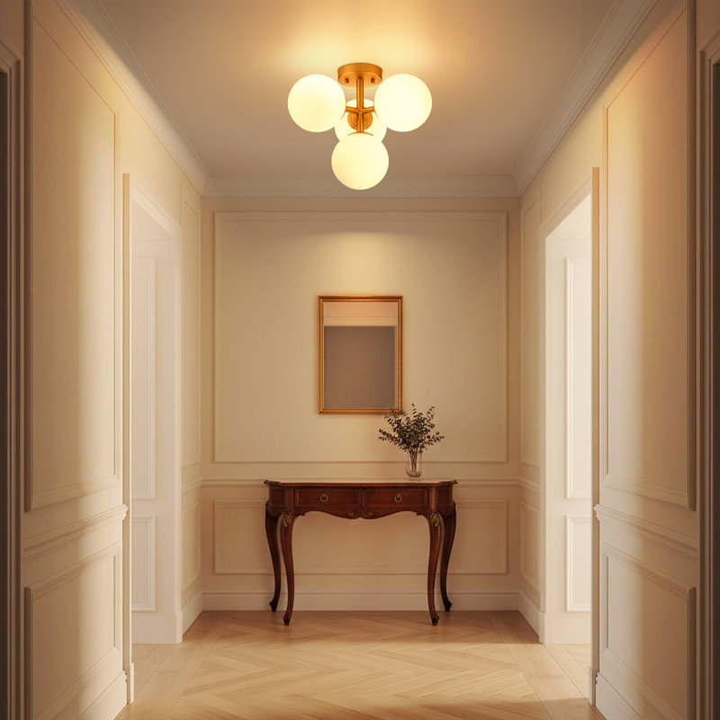 Plafonnier semi-encastré 3 lumières en fer moderne en verre pour salon / chambre à coucher, Or brossé