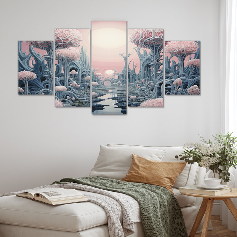 Cvetan - Art mural abstrait paysage 5 pièces, H 32 po x l 60 po
