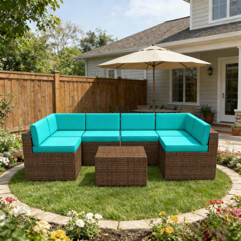 14-Piece Outdoor Cushions For Patio Furniture, Fade Resistant Outdoor Replacement Cushions For Rattaner,Wicker Furniture,Sectional, 6 Cushions And 8 Back Pillows,Turquoise