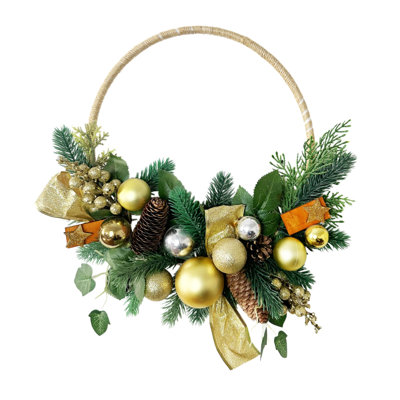 Artificial Christmas Hoop Wreath with Baubles, Pinecones, Golden Bows and Wooden Star Accents for Front Door Holiday Decor