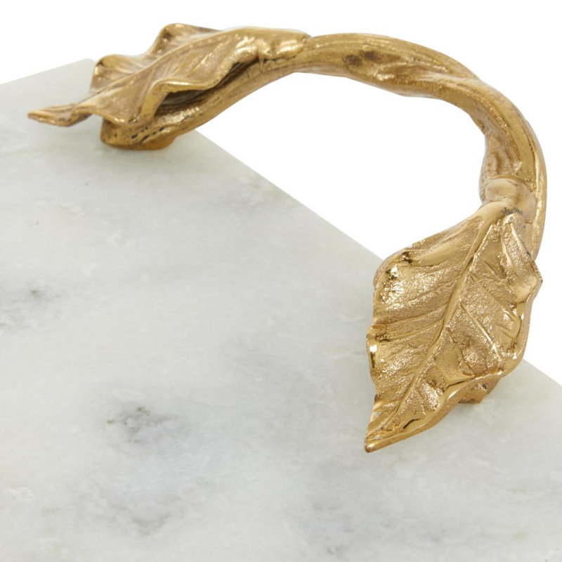 Monier Marble Rectangular Decor Tray with Twisted Leaf Handles, White/Gold