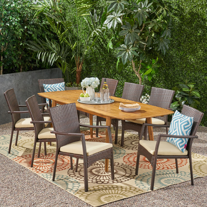 8 - Person Acacia Wicker Patio Dining Set with Extendable Rectangular Table , Cushions Included