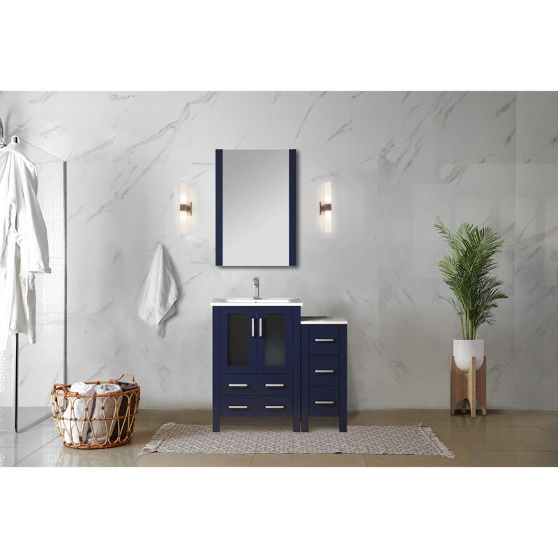 Bleu marine 36 po Large meuble-lavabo simple avec armoire latérale, robinet et teinture - Cinq tiroirs supérieurs, surface intérieure