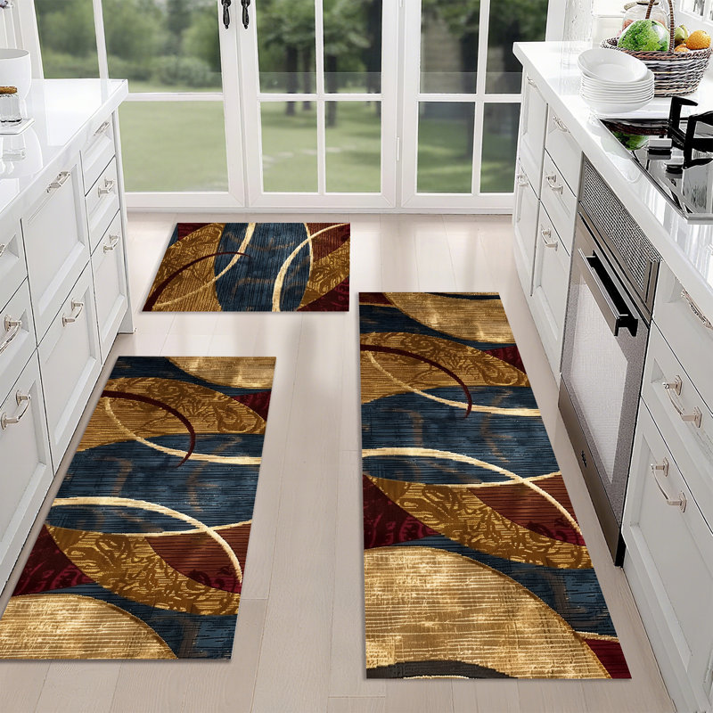 Machine Washable Non-SlipKitchen Mat(Set of 3), Blue/Brown Abstract