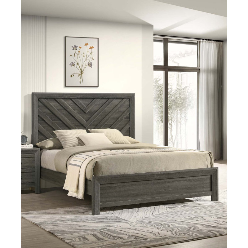 Lit très grand rustique gris avec tête de lit à motif de chevrons, durable et élégant pour les chambres modernes, Très grand