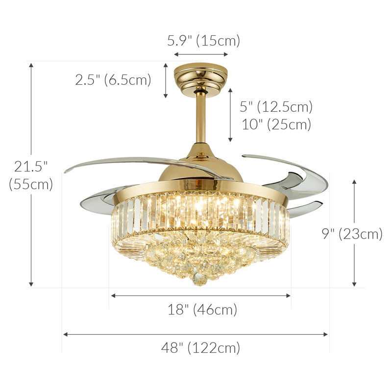 Houstyn Dimmable Crystal Ceiling Fan with LED Lights and Remote Control, 48", Gold