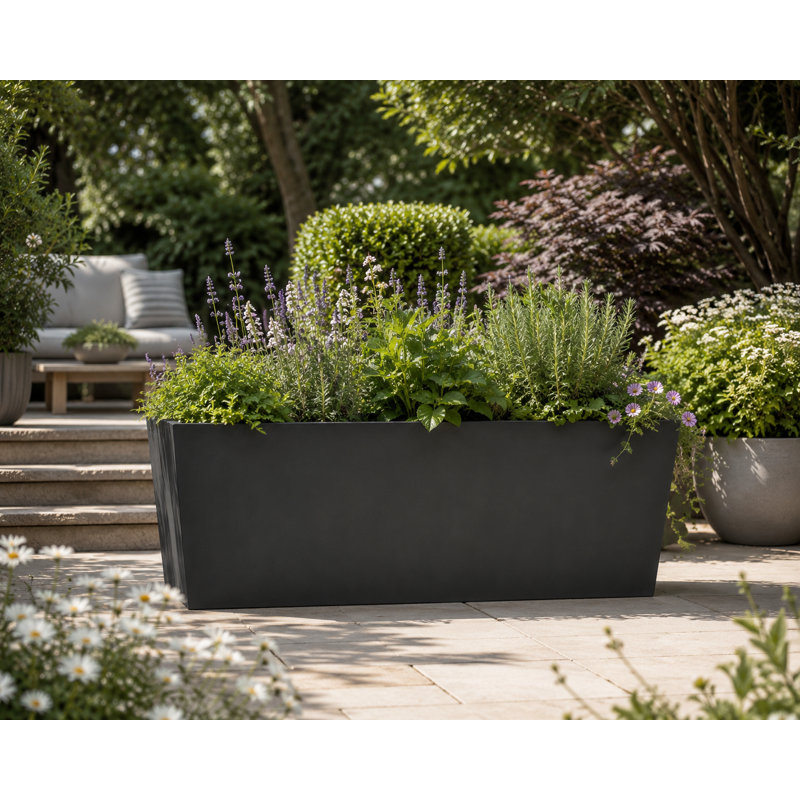Isla Trough Planter Pot, Concrete Effect Pot, Indoor and Outdoor Large Plant Pot with Drainage Hole, 40cm H x 25cm W x 79cm D