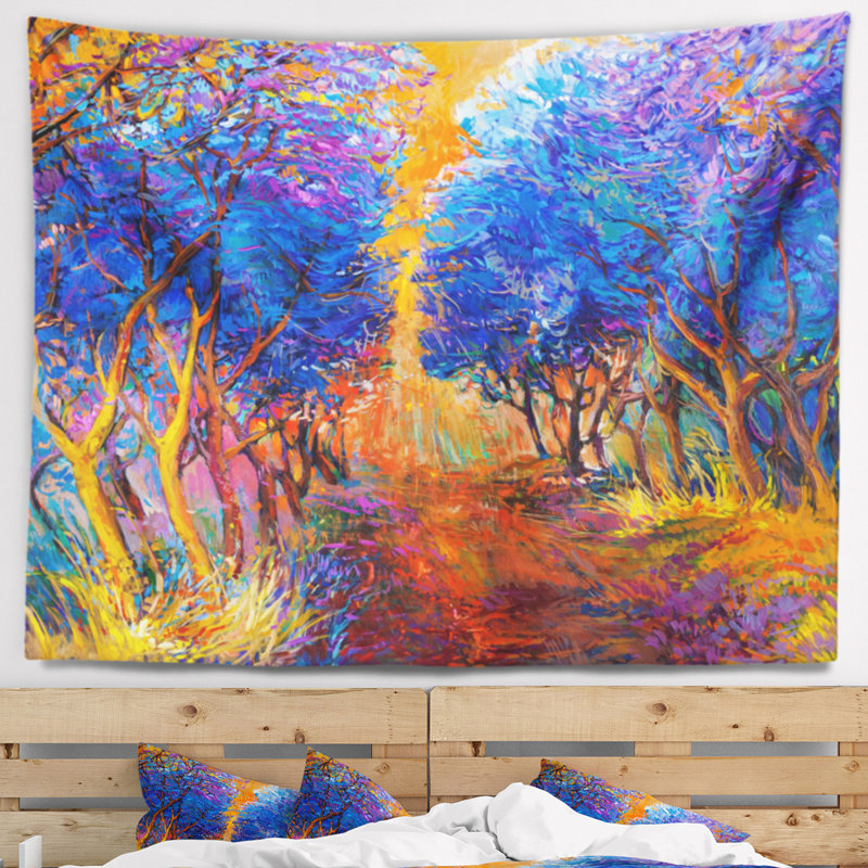 Tapisserie bleue de forêt d'automne de paysage, H 32 po x l 39 po