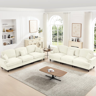 Classic 3 Seater And - Seat , 2 Piece Modular With Flared Arms, Detachable Pleats Skirts, Spindle Legs, Beige White, High Density Foam, Chenille, Multiple Configurations For Small Spaces + , Couch
