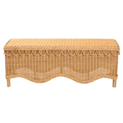 Braided Border And Scalloped Edges Bohemian Bench Made Of Natural Engineered Wood, Wide Rectangular Seat, Fully Assembled, Honey - Toned, 48.39 In Width, 16.37 Depth, 17.46 Height, 19.95 Lb Assembled