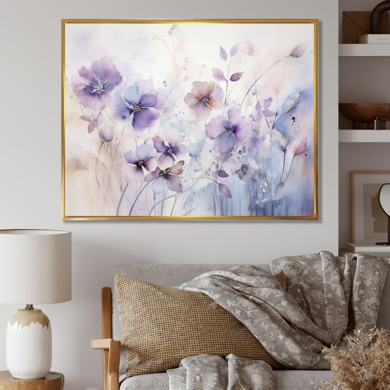 Mauve et fleurs mystiques III - art botanique abstrait, Cadre flottant doré, H 30 po x l 40 po x P 1,5 po