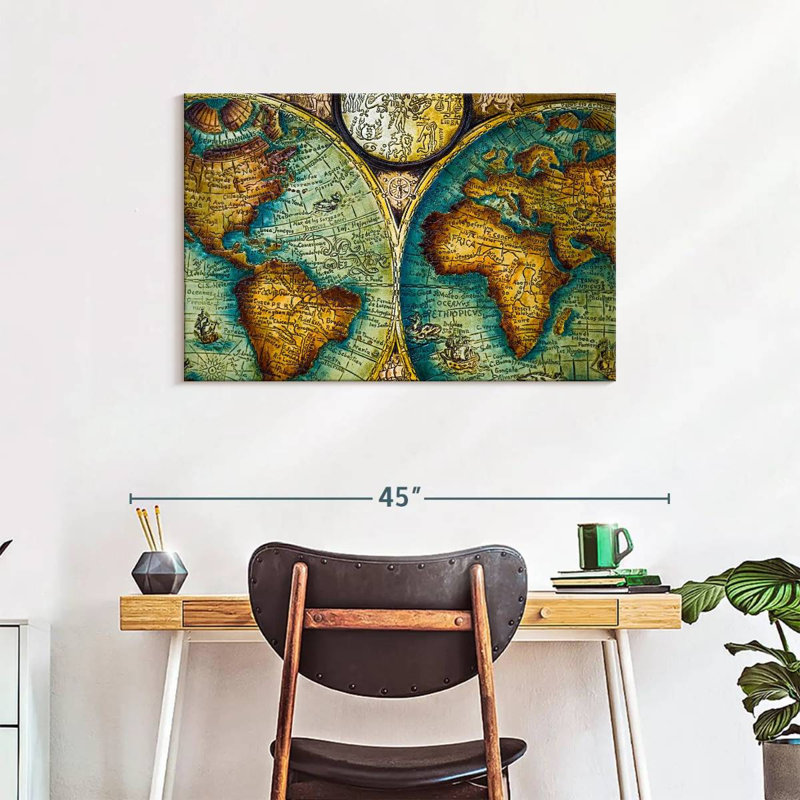 Carte du vieux monde sur toile, H 24 po x l 36 po x P 1,25 po