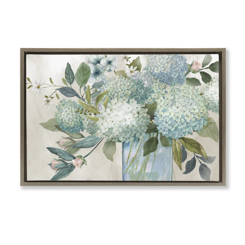 Délicat bouquet d'hortensias, H 21 po x l 31 po, Cadre flottant orme Montalcino