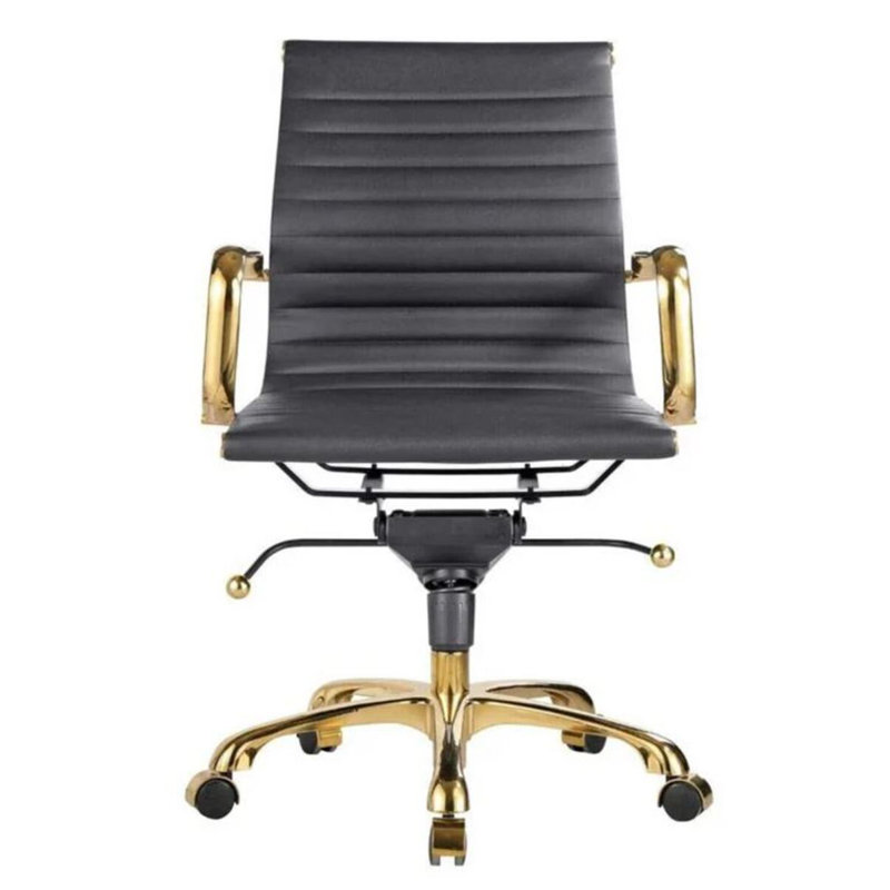 Chaise de bureau en cuir Lonty, Noir, noir, noir, noir, Doré