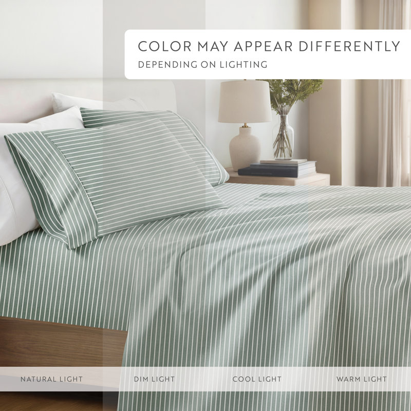 4 Piece Delicate Details Pattern Sheet Set, Cal.King Sheet Set with 2 King Pillowcase, Eucalyptus Striped