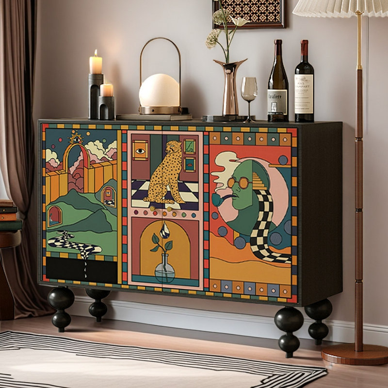 Retro Abstract Art Lacquer Painting Sideboard, Black