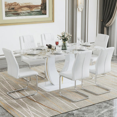 Orren Ellis 7-9 Piece Modern Rectangular 71" Faux Marble Dining Set with Cantilever Chairs
