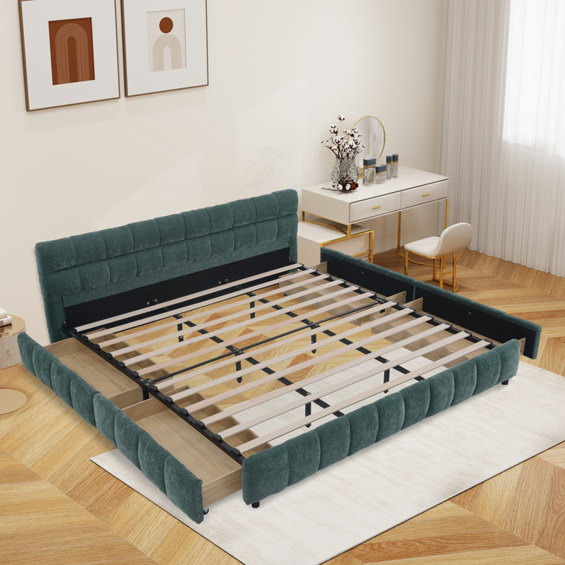 Upholstered Bed Frame  With  Storage Drawers, Blue Green, King