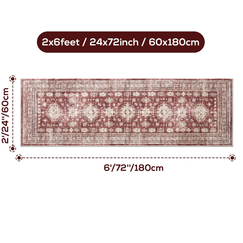 Boho Vintage Washable Indoor Rug - 2'x6', Non-Slip Hallway Runner Rug Entryway Runner, Farmhouse Style, Trendy Distressed Faded Carpet for Bedroom, Kitchen, Laundry, Burgundy