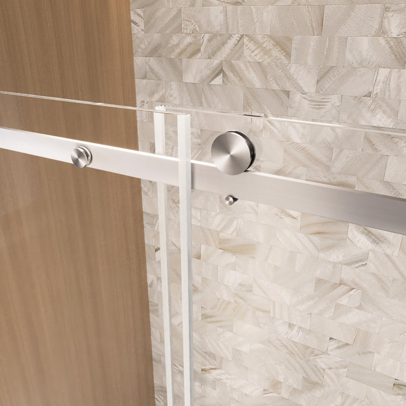 Single Sliding Shower Door In American Style For Bathroom, 56 - 60 "W X 76" H, 1/4"  6 Mm  Clear Tempered Glass, Proof Film, Stainless Steel Handle And Square Tube Track Brushed Nickel, Big Wheels
