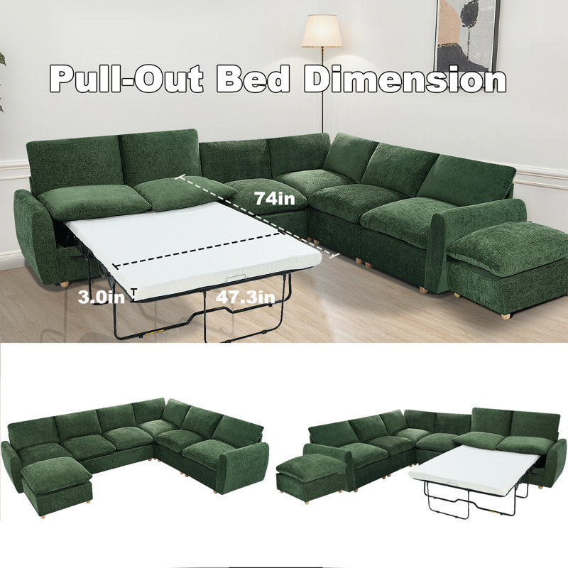 129.13 inch Modular L-Shaped Chenille Sectional Sofa with Pull-Qut Bed, Green Chenille