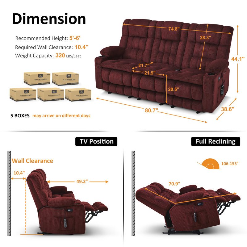 3-Seat Power Reclining Sofa with Heat and Vibration Massage, Zero Gravity Recliner Sofa, Burgundy